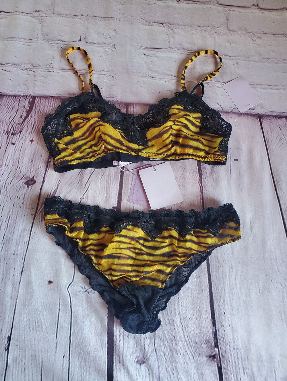 Savage X Fenty Chiffon Tiger Bralette Bikini Set Semi Sheer Yellow Black Sexy